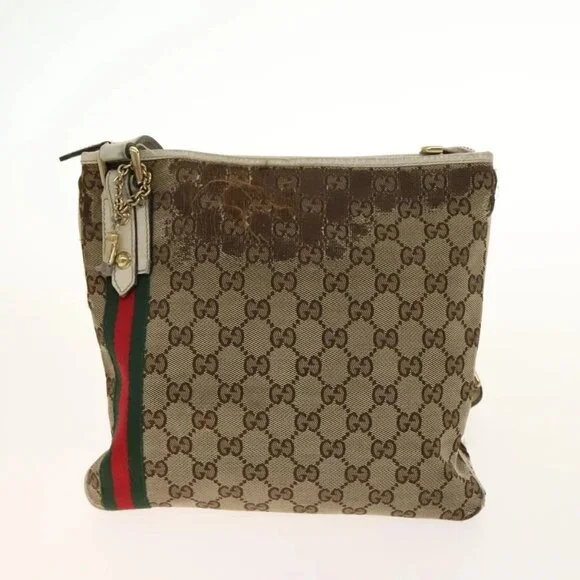 GUCCI GG Canvas Web Sherry Line Bag Leather 2 Set Beige Black Auth 139097